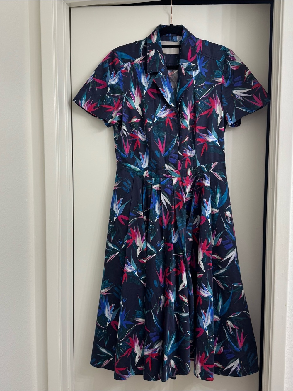 Jason Wu Navy Tropical Bird of Paradise Shirt Dress Size 8 Medium